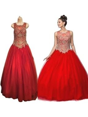 Layla K Red Gold Beaded Ball Gown Dress Size 6